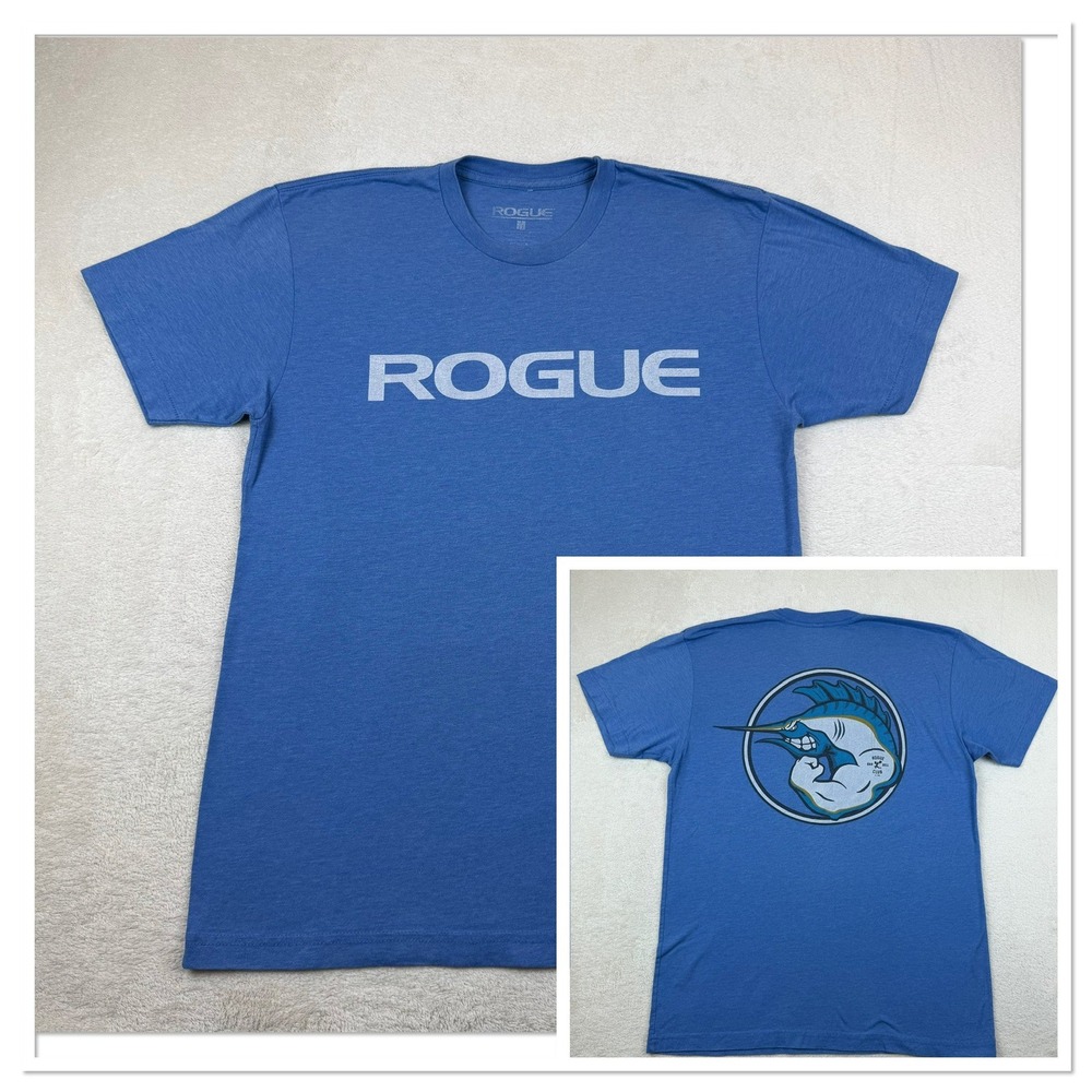 ROGUE TOSH "BIG FISH" Fitness Mens Blue Graphic T-Shirt Size Medium Training Tee